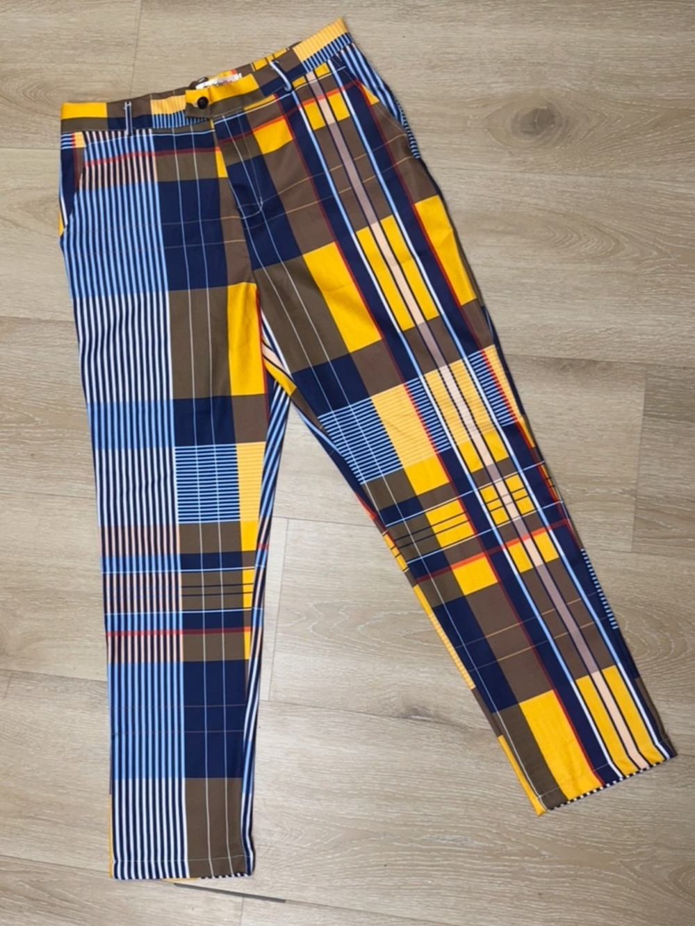 Men's Multi-Color Plaid Dress Pants - Navy, Brown & Yellow Med